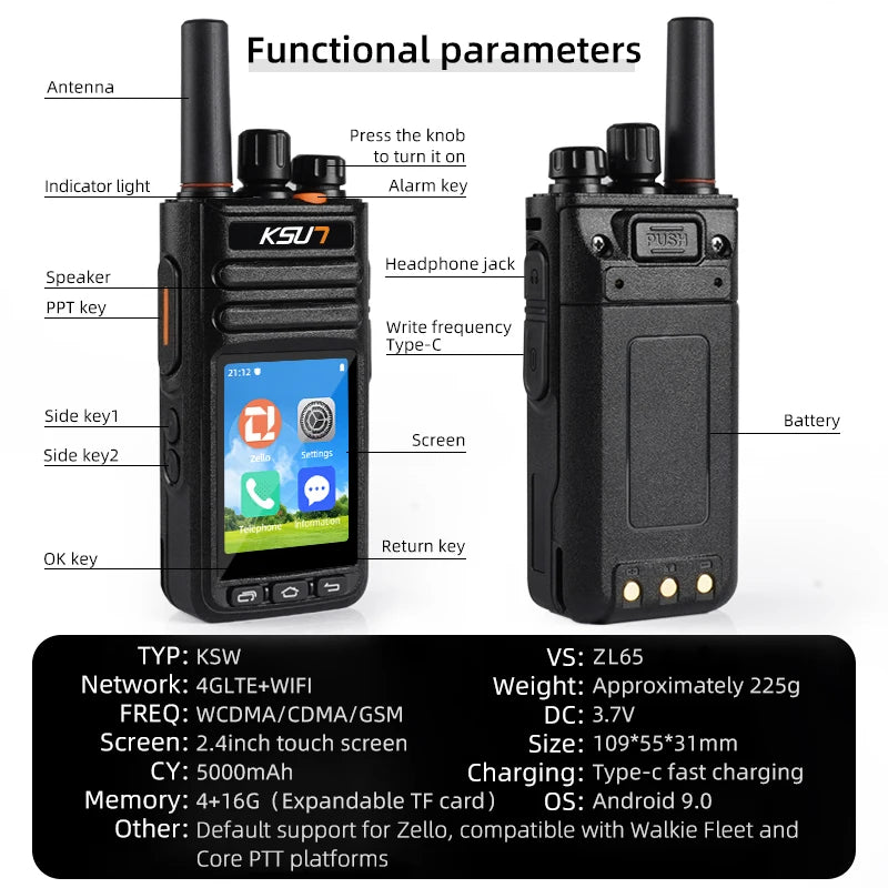 Android 9.0 POC 4G LTE Wifi Radio Compatible with Zello APP Blue-tooth Two Way Radio Unlimited Distance Long Range Walkie Talkie