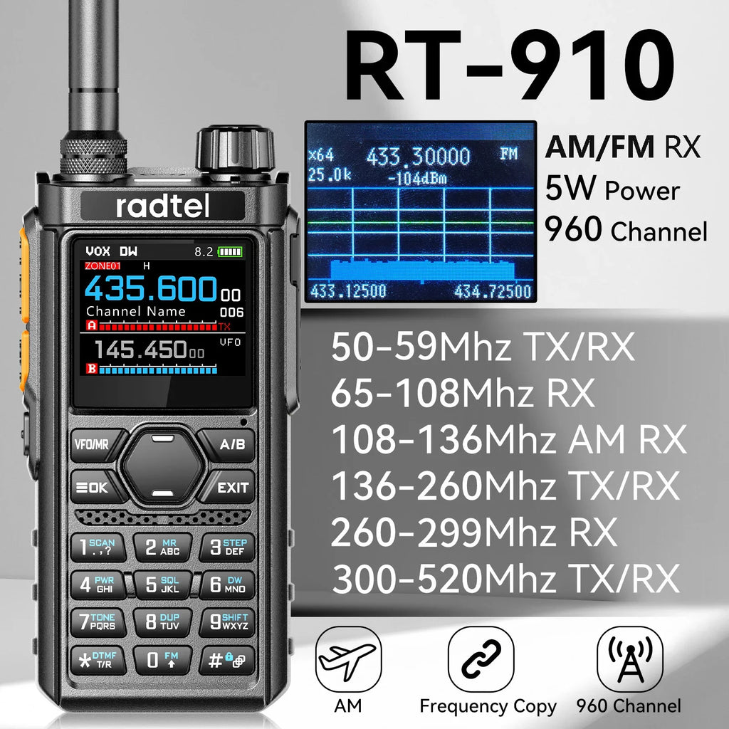 Radtel RT-910 Spectrum Analyzer AM FM Ham Radio 45-59Mhz TX/RX Walkie Talkie  with 960 Channels AM/FM  Air Band Type C Spectrum