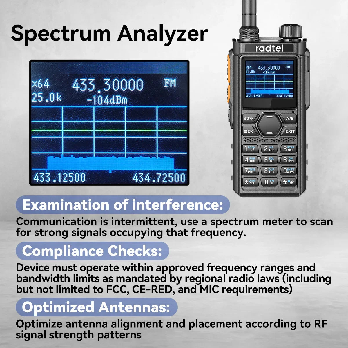 Radtel RT-910 Spectrum Analyzer AM FM Ham Radio 45-59Mhz TX/RX Walkie Talkie  with 960 Channels AM/FM  Air Band Type C Spectrum