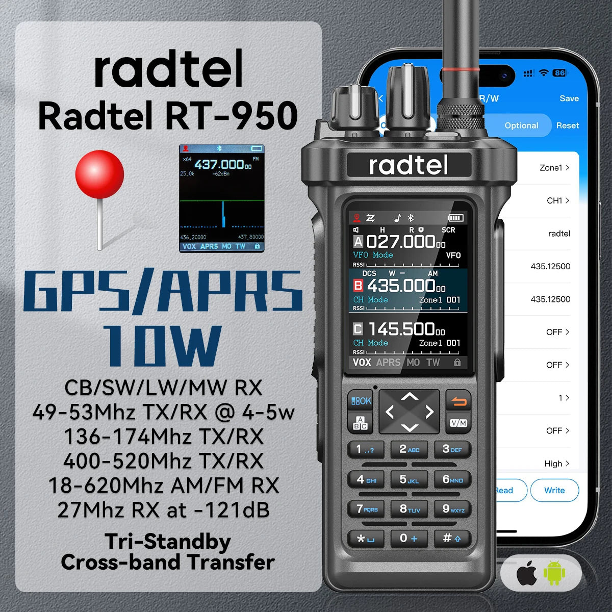 Radtel RT-950 GPS APRS Walkie Talkie AM/FM/MW/LW/SW Receiver with 10W Bluetooth APP Programming Ham Radio Tri Standby Spectrum